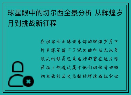 球星眼中的切尔西全景分析 从辉煌岁月到挑战新征程